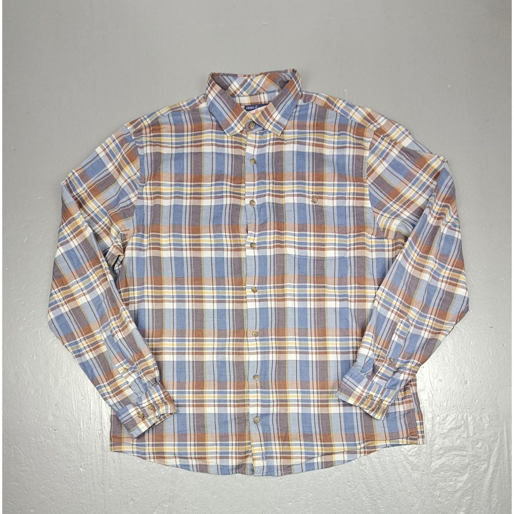Johnnie O Button Up Shirt Mens Large Brown Plaid Surf Flannel Lightweight